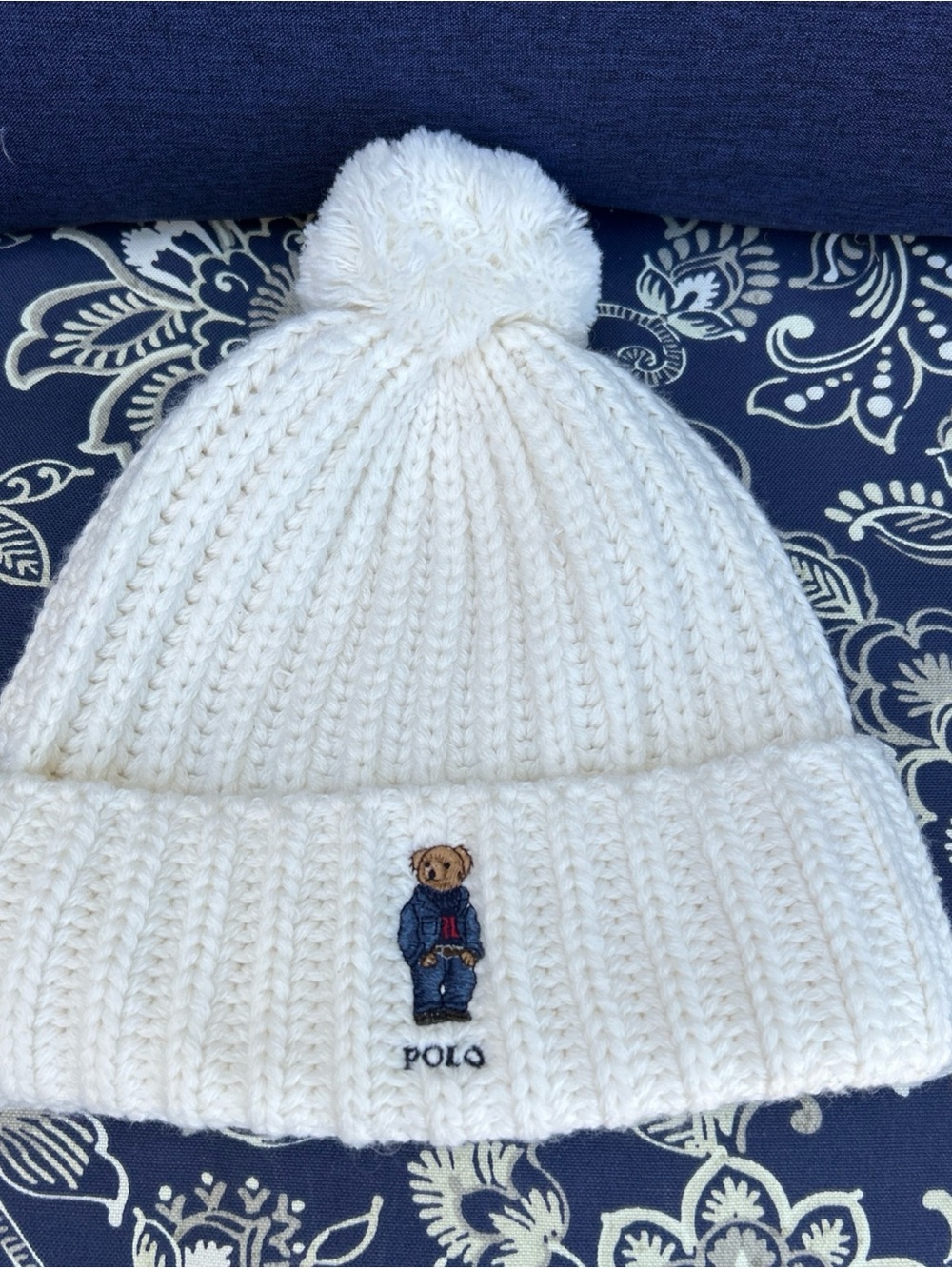 Polo Ralph Lauren Solid Denim Bear Pom Pom Beanie EUC
